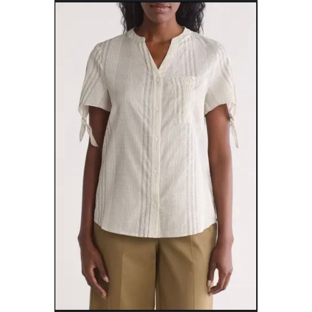 Adrianna Papell Stripe Short Sleeve Button Up Shirt Small NWT‎